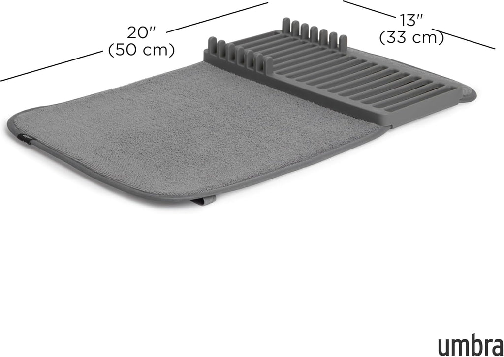 Udry Dish Rack and Microfiber Drying Mat – Space-Saving Design Folds up for Easy Storage, Mini Rack, Gray