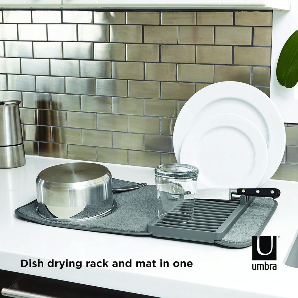 Udry Dish Rack and Microfiber Drying Mat – Space-Saving Design Folds up for Easy Storage, Mini Rack, Gray