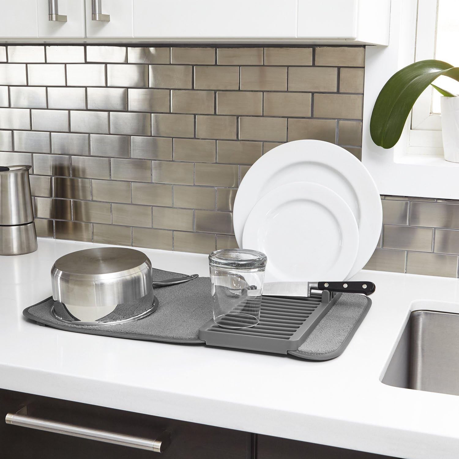Udry Dish Rack and Microfiber Drying Mat – Space-Saving Design Folds up for Easy Storage, Mini Rack, Gray