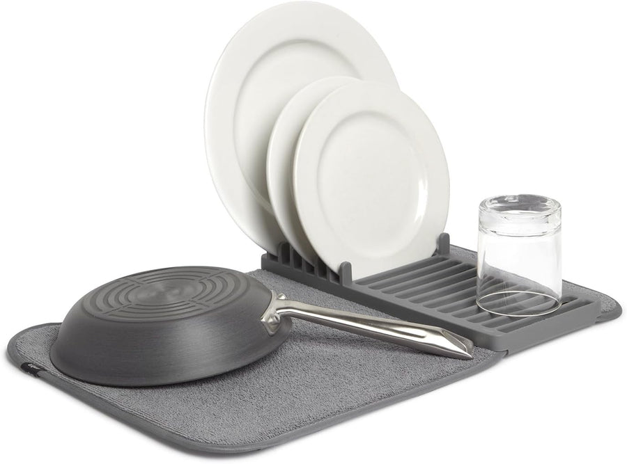 Udry Dish Rack and Microfiber Drying Mat – Space-Saving Design Folds up for Easy Storage, Mini Rack, Gray