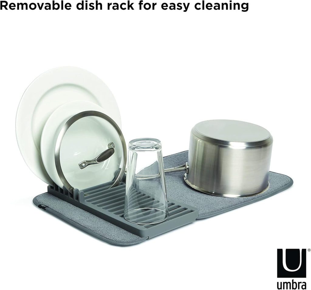 Udry Dish Rack and Microfiber Drying Mat – Space-Saving Design Folds up for Easy Storage, Mini Rack, Gray